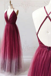 Burgundy V-Neck Tulle Ombre Long Prom Dresses, Backless Evening Dress